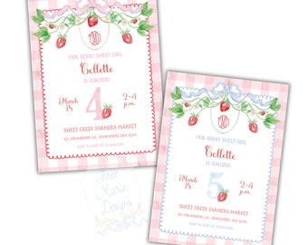 Editable Pink Strawberry Birthday Invitation | Berry First Birthday Invite | Pink and Red Strawberry | Berry Sweet Birthday | Pink and Blue