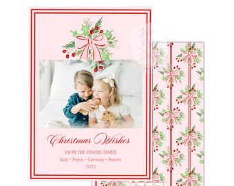 Pink and Red Christmas Card | Editable Holly Christmas Bow Pink and Red Christmas Card | Photo Christmas Card | Digital Christmas Card