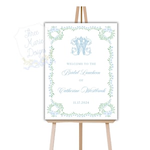 Blue and Green Bridal Shower Welcome Sign | Monogram Bridal Luncheon Welcome Signage, Grandmillenial Floral Welcome Bridal Shower Sign