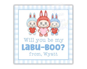 Blue Little Monster Keychain Plush Valentine Tag | 3x3 Inches Editable Valentine Digital Download Printable, Cute Plush Keychain Tag