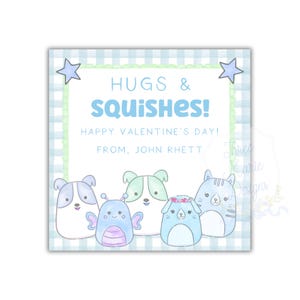 May include: A square card with a blue gingham pattern background and a green border. The card features the text "HUGS & SQUISHES! HAPPY VALENTINE'S DAY! FROM, JOHN RHETT" and illustrations of five cartoon animals.