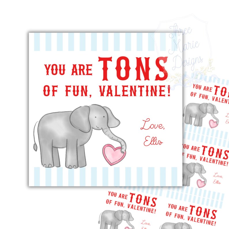Elephant Valentine Tag | Animal Cracker Valentine Card | 3x3 Editable ...