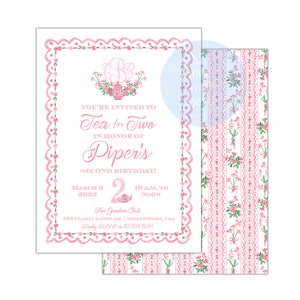 Tea for Two Garden Party Birthday Party, Sweet Tea Party Watercolor Birthday Invitation, Girl's Party Invite, Pink, Double Sided Invitation