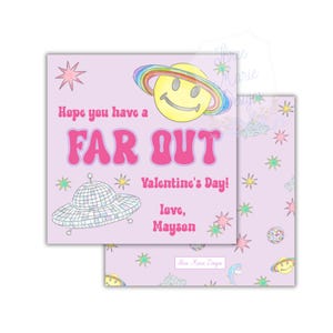 May include: A light purple Valentine's Day card with a retro design. The card features a smiling yellow planet with a rainbow ring, a disco ball UFO, and the text "Hope you have a FAR OUT Valentine's Day!"