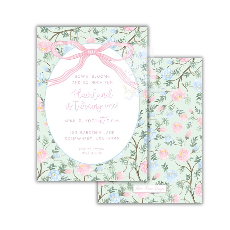 Bloemenuitnodiging chinoiserie | Bogen en bloemen | Uitnodiging met bloemenpatroon | Bloemenuitnodiging Grandmillennial | Gebloemde babyshoweruitnodiging | Bloemen afbeelding 3