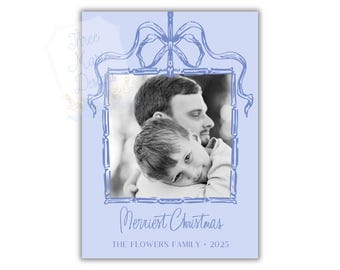 Blue Bamboo Christmas Card | Elegant Grandmillenial Christmas Photo Card | Digital Download | Editable Christmas Card | Blue Bow Christmas