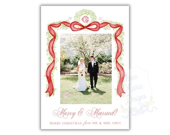 Merry and Married Christmas Card | Formal Elegant Garland Christmas Card, Editable Married Christmas Red and Green Monogram Christmas Card