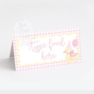 Yellow Duck Tent Label | Editable Place Card | One Lucky Duck Food Signage | Rubber Duck Birthday Party | Watercolor Yellow Duck Party Decor