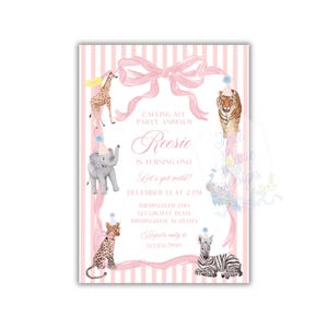 Pastel Pink Party Animals Invitation | TWO Wild Invite, Wild ONE Invite, Pink Bow Party Animals Invite | Party Animals Zoo Theme