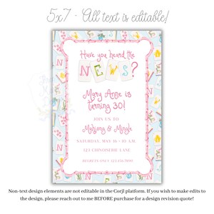 May include: A light blue invitation card with a pink border and a Mahjong theme. The text reads "Have you heard the NEWS?" and "Mary Anne is turning 30!" with event details. The card measures 12.7 x 17.8 cm.