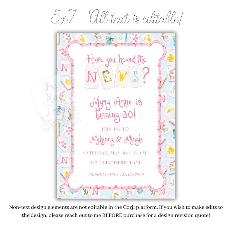 May include: A light blue invitation card with a pink border and a Mahjong theme. The text reads "Have you heard the NEWS?" and "Mary Anne is turning 30!" with event details. The card measures 12.7 x 17.8 cm.