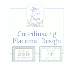 May include: Two coordinating placemats with a blue and green checkered pattern. One placemat features a train with the text "Happy Birthday, Rules!" and the number "4". The other placemat features a monogram with the initials "M.D."