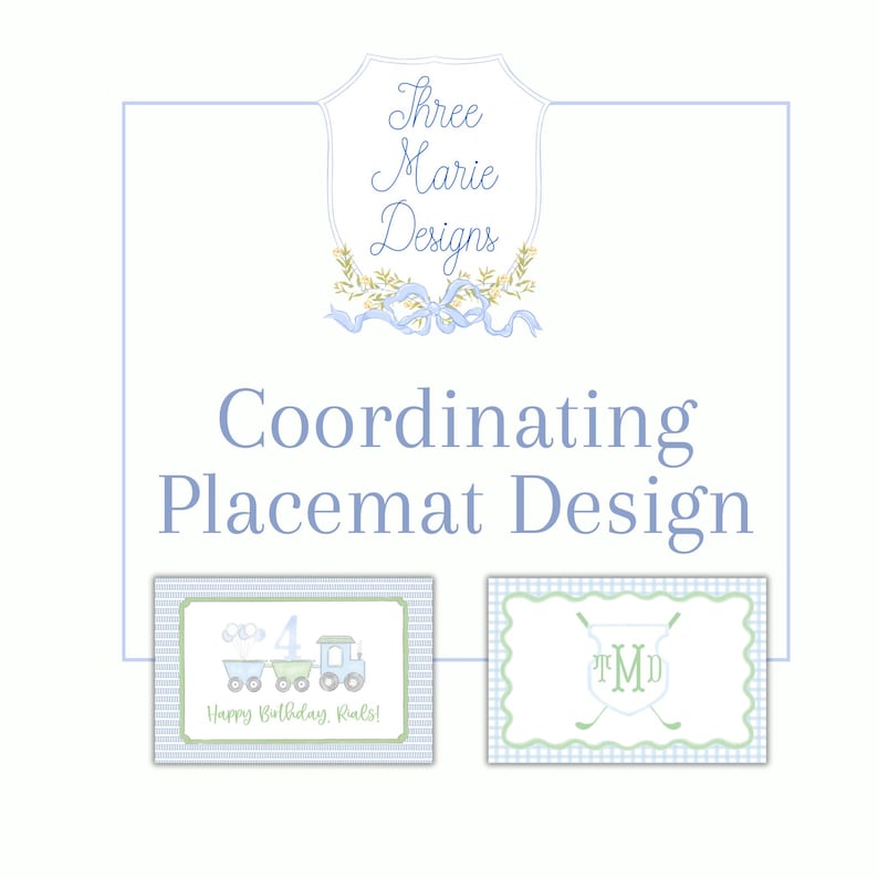 May include: Two coordinating placemats with a blue and green checkered pattern. One placemat features a train with the text "Happy Birthday, Rules!" and the number "4". The other placemat features a monogram with the initials "M.D."