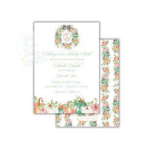 Könnte beinhalten: Eine Babyparty-Einladung mit einer Aquarell-Illustration von Kürbissen und einem Kranz mit einem Monogramm. Die Einladung ist für Natalie Smith und ihr Baby-Mädchen, Camilla Jane. Die Party findet am 24. Oktober 2024 um 10:00 Uhr statt. Die Adresse lautet 125 Pumpkin Trace, Somewhere, USA 12545.