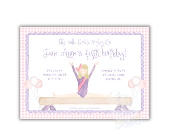 May include: A purple and pink invitation with a gingham background. It features a cartoon girl doing a handstand on a balance beam. The text reads "Flip, roll, tumble & play it's Jane Anne's fifth birthday!"  The date and time of the party are listed as "Saturday, March 4, 2024, 2-4 p.m." The location is "Tumble N' Play, 123 Ariel Lane, Selma, AL".