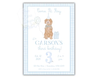 Peut inclure: Invitation d'anniversaire à motif vichy bleu clair et blanc. L'invitation présente une illustration à l'aquarelle d'un chien portant un chapeau de fête et un nœud papillon. Le texte indique "Come. Sit. Stay." et "Carson's third birthday!"