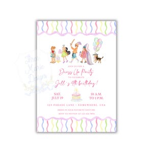 Könnte beinhalten: Eine Aquarell-Einladung für eine Kostümparty mit Illustrationen von Kindern in Kostümen. Die Einladung enthält den Text "Dress Up Party" und "Jill's 4th birthday!" mit Details zur Veranstaltung, einschließlich Datum, Uhrzeit und Ort.