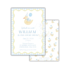 Puede incluir: Una invitación de cumpleaños azul claro y amarillo con un pato con un gorro de fiesta y un globo. El texto incluye "Splash on over!" y "WILLIAM IS ONE LUCKY DUCK!" con la fecha y hora.