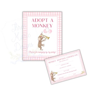 Puede incluir: Un letrero de fiesta "Adopta un mono" a cuadros rosas y blancos con un mono de dibujos animados tocando una trompeta. Incluye un certificado de adopción a juego. El letrero dice "¡Gracias por venir a mi fiesta!"