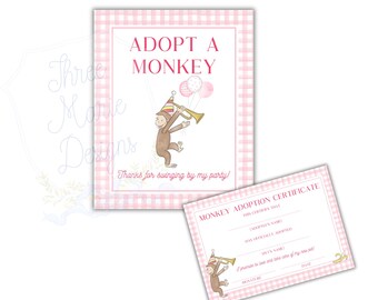 Pink Curious Monkey Adopt a Monkey Adoption Station Signage and Certificate | Digital Download | Editable Curious Monkey Party Decor