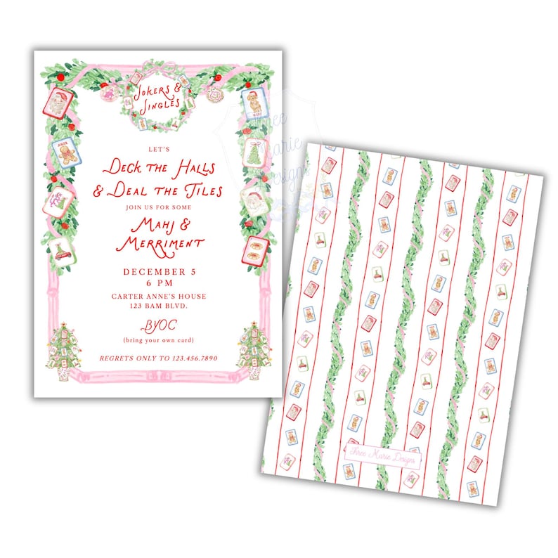 May include: A rectangular invitation card and a matching patterned sheet featuring watercolor illustrations of green garlands, pink ribbons, and mahjong tiles. The text reads Jokers & Jingles, Let's Deck the Halls & Deal the Tiles, Mahj & Merriment, December 5, 6 PM, Carter Anne's House, 123 Bam Blvd., BYOC, and Regrets Only to 123.456.7890.