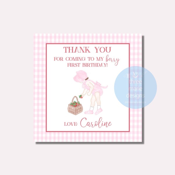 Strawberry Thank You Card, TBBC Inspired, Greenwich Garden Watercolor Bonnet Printable Card  Party Favor Printable Tag Invitation Suite