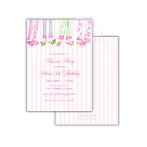 May include: Pink and white striped invitation for a pajama party. The invitation includes the text "You're invited to a Pajama Party to celebrate Eloise's 8th Birthday" and event details. Watercolor illustrations of pajamas and slippers are at the top.