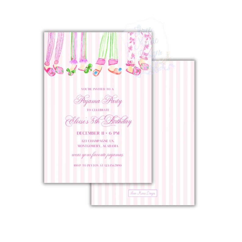 May include: Pink and white striped invitation for a pajama party. The invitation includes the text "You're invited to a Pajama Party to celebrate Eloise's 8th Birthday" and event details. Watercolor illustrations of pajamas and slippers are at the top.