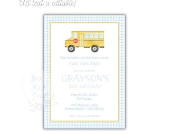 Wheels on the Bus Birthday Invite | Self-Editable | Yellow School Bus Invitation | Watercolor Bus Party Invite | School Bus Invite