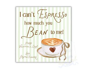 Espresso-Kaffee-Valentinstagsanhänger | 7,6 x 7,6 cm großer, bearbeitbarer Kaffeebohnen-Valentinstagsanhänger | Ich mag dich wie einen Latte | Aquarell-Kaffee-Druckvorlage zum Download