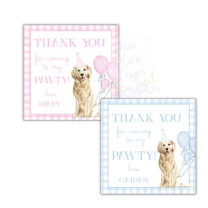 Etiqueta de regalo para fiesta de cumpleaños de Golden Retriever / Etiqueta digital / Gracias por venir a mi Pawty Tag / Etiqueta de regalo para fiesta de cachorros / Autoedición / 3 x 3 pulgadas