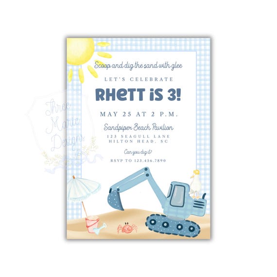 Beach Excavator Invitation | Beach Birthday Invite | Construction on the Beach Theme | Editable Blue Excavator Invite | Beach Sand Invite