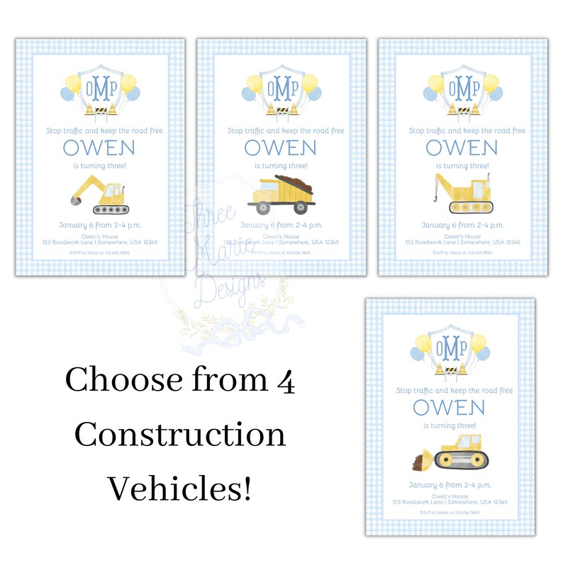 Construction Invite | Self-Editable | Blue Construction Invitation | Watercolor Construction Party Invite | Dump Truck Excavator Invite image 2