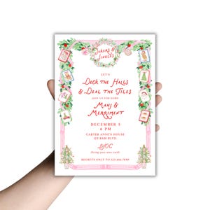 May include: A rectangular invitation card featuring a watercolor border of green garlands, pink ribbons, and Mahjong tiles. The text reads: Jokers & Jingles, Let's Deck the Halls & Deal the Tiles, Mahj & Merriment, December 5, 6 PM, Carter Anne's House, 123 Bam Blvd., BYOC, Regrets only to 123.456.7890.