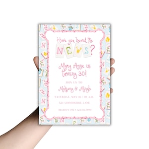 May include: A light blue invitation with a pink frame and a Mahjong tile pattern. The text reads "Have you heard the NEWS? Mary Anne is turning 30! Join us to Mahjong & Mingle." The invitation is for a birthday party.