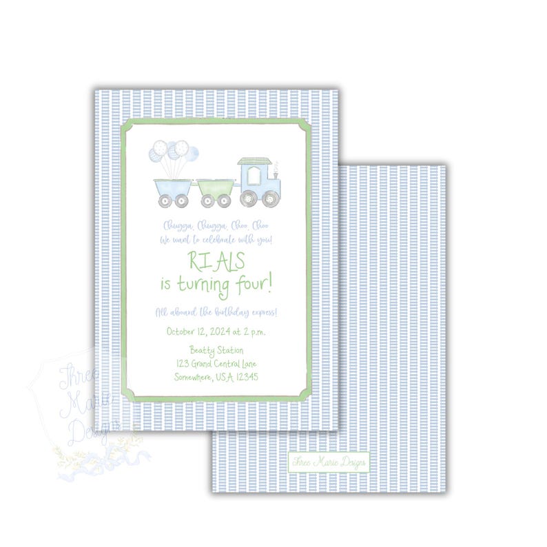 Watercolor Train Invite | Editable Train Birthday invitation | Blue and Gren Train Invitation | Watercolor Train Party Invite | Sweet Train image 2