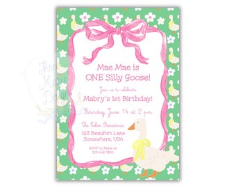 ONE Silly Goose Duck Invite | Editable One Silly Goose Pink and Green Invitation | Pink Duck Birthday Invite | Editable Silly Goose Invite