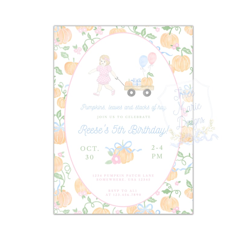 Invitación de cumpleaños con tema de calabaza / Invitación de cumpleaños con tema de calabaza vintage / Invitación de cumpleaños con tema de calabaza pastel / Fiesta temática de calabaza / Invitación con tema de calabaza rosa imagen 2