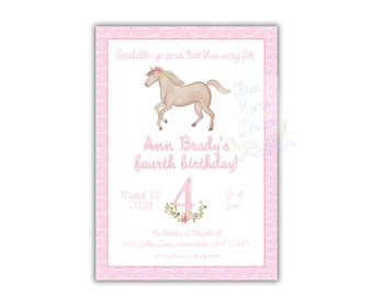May include: A pink and white invitation with a horse illustration. The invitation is for Ann Brady's fourth birthday party. The party is on March 18, 2024, from 2-4 pm at The Stables at Chapel Hill. The address is 123 Gallop Lane, Somewhere, USA 12345. The RSVP number is 123-456-7891.
