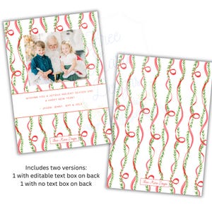 May include: Christmas cards with a white background and a pattern of red ribbons and green leaves. One card has a photo of children with Santa and text. The other card has the ribbon and leaf pattern. Text reads: "Wishing you a joyous holiday season and a happy new year!"