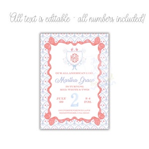 Girly Patriotic Birthday Invitation | All American Girl | Red White & Two Invite | Grandmillenial Invite | Self-Edit | Red White and Blue image 2