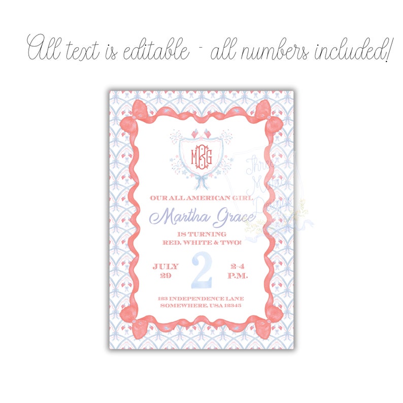Girly Patriotic Birthday Invitation | All American Girl | Red White & Two Invite | Grandmillenial Invite | Self-Edit | Red White and Blue image 2