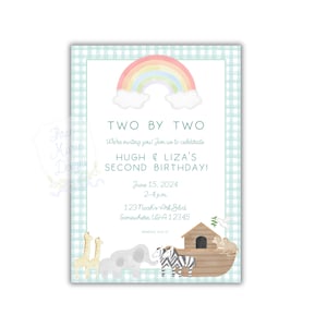 Watercolor Noah&#39;s ark Birthday  Invitation | TWO by Two Birthday Invite, Twins Birthday Invitation, Bible Theme Invite, Watercolor Animal