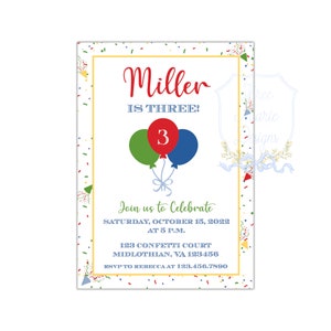 Primary Color Balloons Invite | Classic Birthday Invitation | Confetti and Balloons Birthday Party | Primary Birthday Decor | Simple Invite