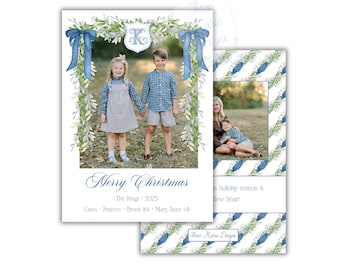 Blue Bow Garland Christmas Card, Classic Monogram Christmas Card, Editable Vertical Photo Christmas Card, Blue and Green Christmas Garland