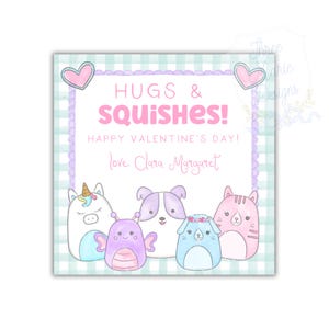 May include: A Valentine's Day card with a light blue and white gingham background. The card features the text "HUGS & SQUISHES!" and "Happy Valentine's Day!" with a signature. Five cartoon plushie characters are arranged at the bottom.
