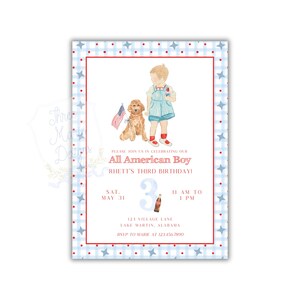 Convite de aniversário patriótico para meninos americanos | Convite editável vermelho e branco com dois | Convite EUA | Aniversário americano digital vermelho, branco e azul imagem 5