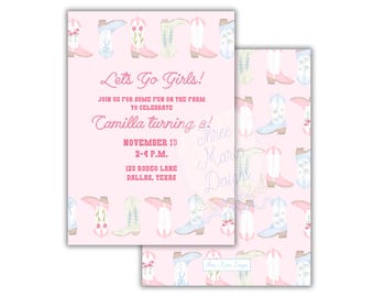 Pastell Cowgirl Stiefel Einladung, Stiefel und Bögen Babyparty, erste Rodeo einladen Girly Western Geburtstag Sofort Download, rosa Cowgirl einladen
