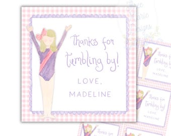 Gymnastik Geburtstag Favor Tag | Turnerin Tumble Geschenkanhänger | 3x3 bearbeitbarer digitaler Download Favor Tag Printable | Rosa und Lila Gymnast Anhänger