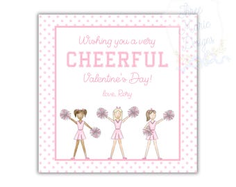 May include: A square, pink Valentine's Day card with a polka dot border. The card features three cartoon cheerleaders in pink outfits holding pom-poms. Text reads "Wishing you a very CHEERFUL Valentine's Day! love, Rory."